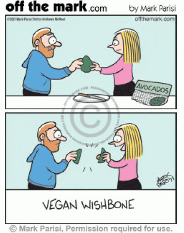 Vegans split avocado for lucky pit as meatless veggie wishbone.