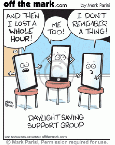 Smartphones in Daylight Saving therapy support group lose hour in spring forward clock time change.