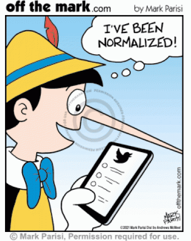Lying long nose Pinocchio on smartphone twitter website says he’s been normalized.