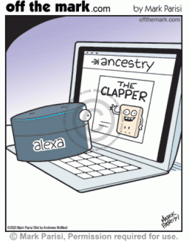 Alexa virtual assistant device on laptop sees the Clapper family Ancestry.com search result.