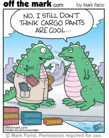 Godzilla tells monster with shipping containers in pockets cargo pants aren’t cool.