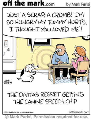 Pet owners with talking dog begging for table scraps regret getting canine speech chip technology.