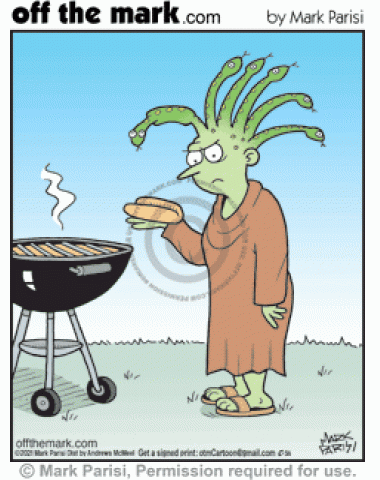 Medusa holds empty bun by grill as snake hair has hot dog in belly.