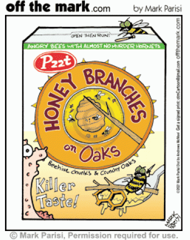 Post Honey Bunches of Oaks cereal brand parody has stinging bees, crunchy tree sticks & beehive and murder hornets. 