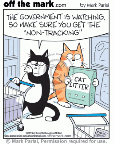 Paranoid conspiracies cat tells shopper cat government tracking kitty litter misinformation rumor.