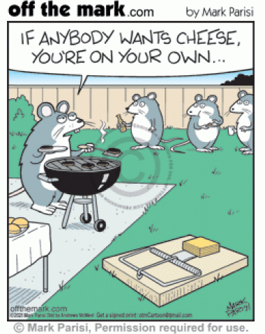 Mouse grilling hamburgers tells barbecue guests if they want cheese in snap trap they’re on their own.
