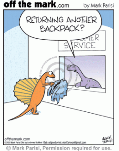 Ridge back spinosaurus shopper returns ripped bag to dinosaur customer service.