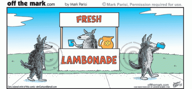 Wolves buy fresh killed lambonade sheep drink at lemonade stand.