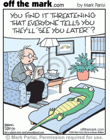 Therapist asks upset alligator in counseling why saying “see you later” is threatening. 