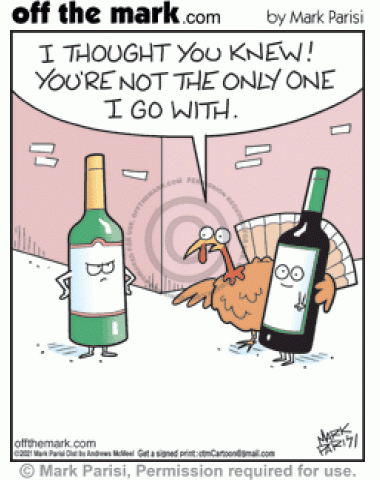Thanksgiving turkey cheater caught with red wine bottle tells jealous white wine not only one he goes with.