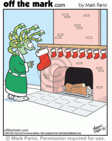 Excited Medusa and snakes hairs’ gifts stuffed stockings hang on fireplace Christmas morning.