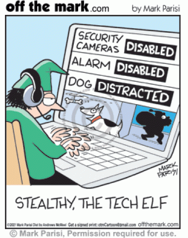 Hacker Christmas elf on laptop disables security cameras, alarms and distracts guard dog with bone for Santa delivering toys. 