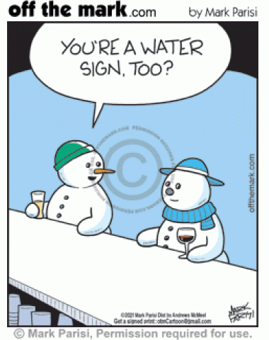 Snowman flirts with snow lady at bar with compatible water sign zodiac astrology pick-up lines.
