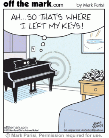 Absent minded classical grand piano remembers forgotten musical note keys left on bedside table.