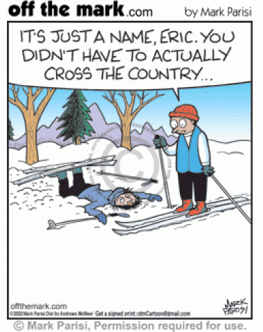 Man on skis outdoors tells collapsed exhausted skier cross country skiing not actually across whole countries. 