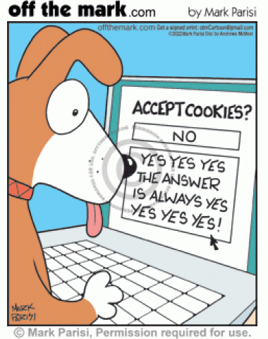 Hungry dog on laptop clicks enthusiastic always yes accept online cookies trackers question.