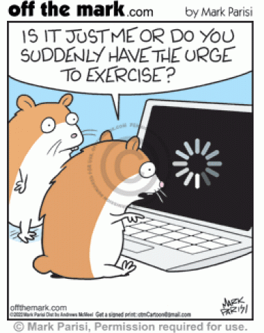 Hamsters on laptop get subliminal exercising urge watching circling loading screen icon spin.