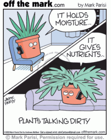 Houseplants couple talking on phones have sexy conversation about moist & fertilized gardening soil.