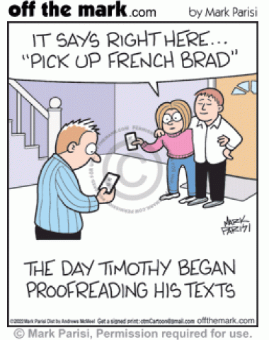 Husband proofreads texts after wife picks up sexy guy from France instead of baguette bread loaf.