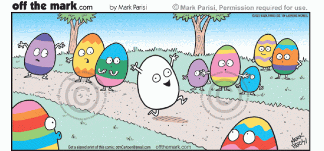 Colorful decorated Easter eggs crowd shocked by naked blank egg streaking outdoors public nudity surprise.