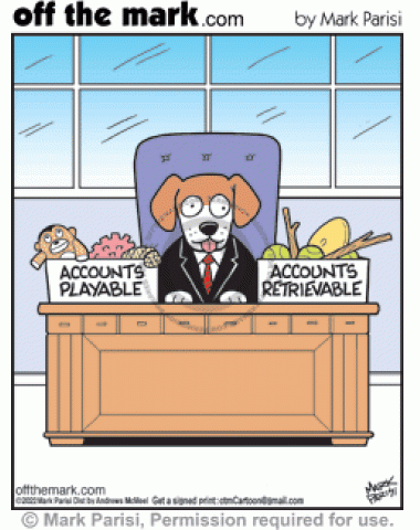 Professional CPA taxes dog in suit has chew & retrieve toy office desk trays to organize dogs financial accounting files.