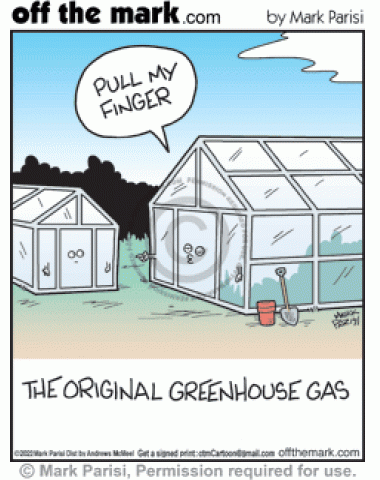 Gross adult gardening greenhouse says pull my finger to kid glasshouse, farts first CO2 air pollution gases. 