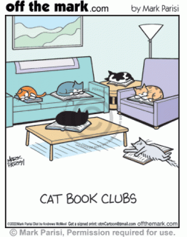 Living room full of sleeping cats group members meet blocking books pages at kitty book clubs meeting.