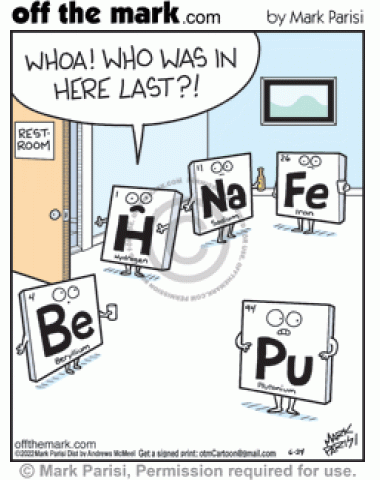 Smelly periodic table element square P.U. plutonium at party embarrassed by stinky restroom poo fart smell.