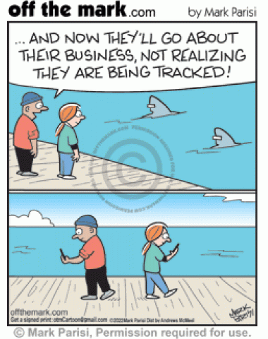 Clueless ocean wildlife researcher says GPS location tag sharks don’t realize being tracked & uses smartphone info tracking internet technology.