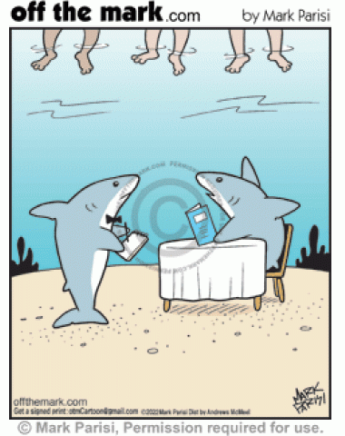 Underwater sharks restaurant diner selects person swimming above as dinner order from shark waiter. 