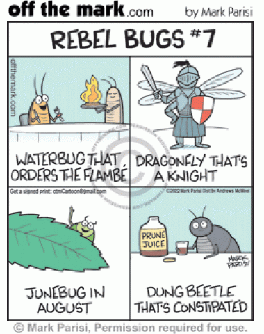 Rebelling insect restaurant diner waterbug orders flaming flambé, dragonfly knight in medieval armor, August June bug & constipated dung beetle.
