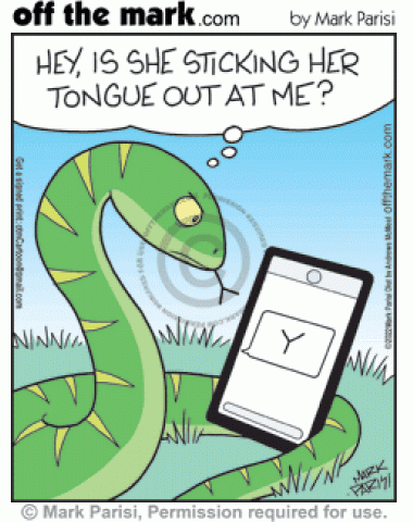 Angry snake on cellphone misunderstands texted Y why abbreviation as rude tongue sticking out insult.