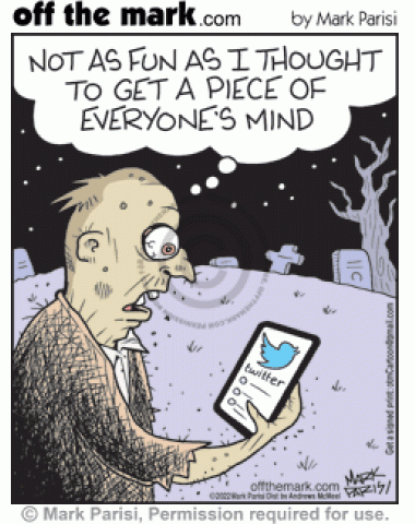 Zombie monster on smartphone scared by awful Twitter social media tweets posted online.