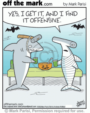 Offended shark party guest annoyed by rude hammer head Halloween costume insult.