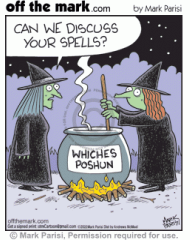 Witch asks to discuss badly misspelled whiches poshun cauldron sign.