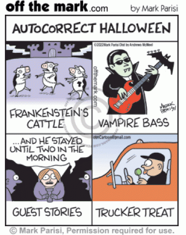 Autocorrected Halloween texts fixes Frankenstein castle cattle, Vampire bats bass guitar, scary guest stories & trucker treat driver.