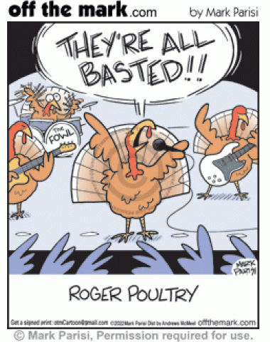 Spoof turkeys The Who rock band singer Roger Poultry sings onstage at concert.