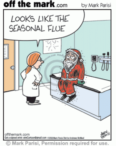 Doctor diagnoses chimney soot covered Santa Claus’ Christmas season flue flu illness.