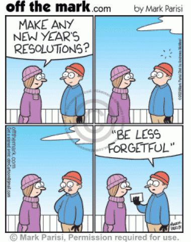 Lady asks man if made New Year’s resolutions but he forgot & remembers be less forgetful reminder note in pocket.