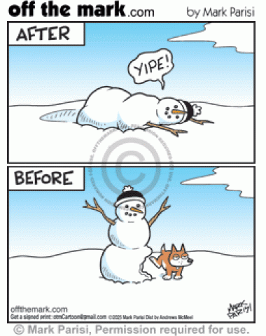 Snowman Falls After Dog Pee Melting - off the mark cartoons