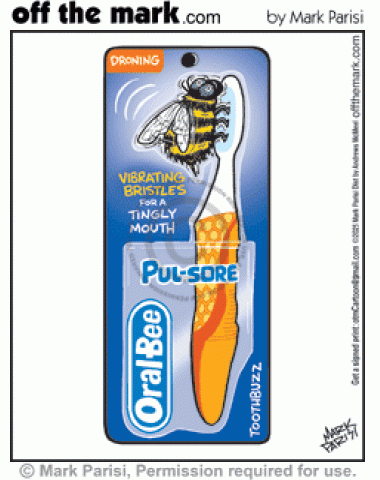 Parody Oral-B Pulsar toothbrush has vibrating bees bristles for a tingly mouth brushing teeth.